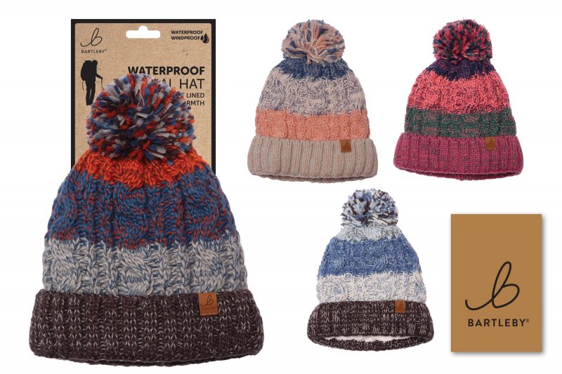 Bartleby Bartleby Waterproof Sherpa Lined Striped Bobble Hat